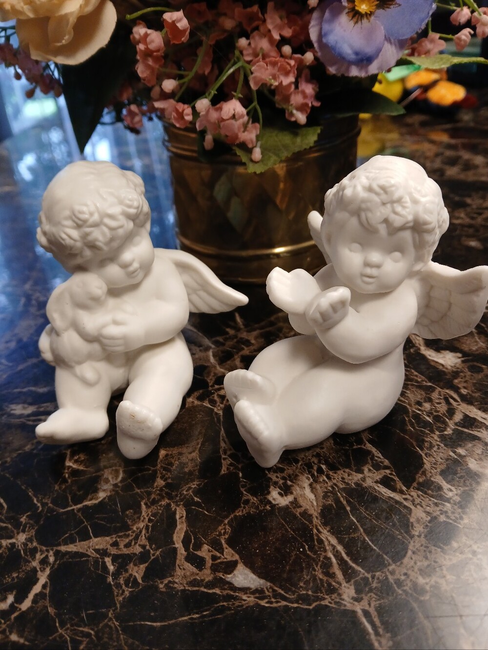 2 Vintage Vigor Angel Cherubs Figurines Shelf Sitters White Whimsy